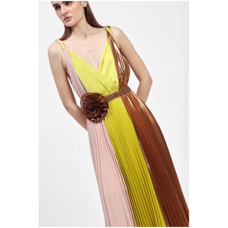 DIXIE Multicolor shiny pleated dress with maxi flower